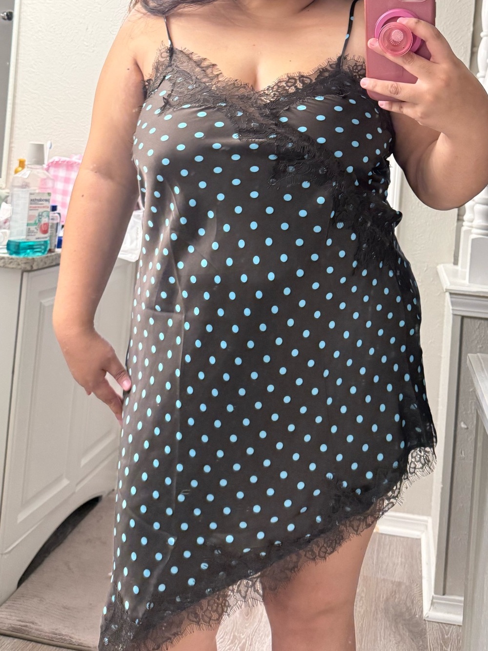 Polka Dot Lace Trim Slip Dress - Brown with Light Blue Dots